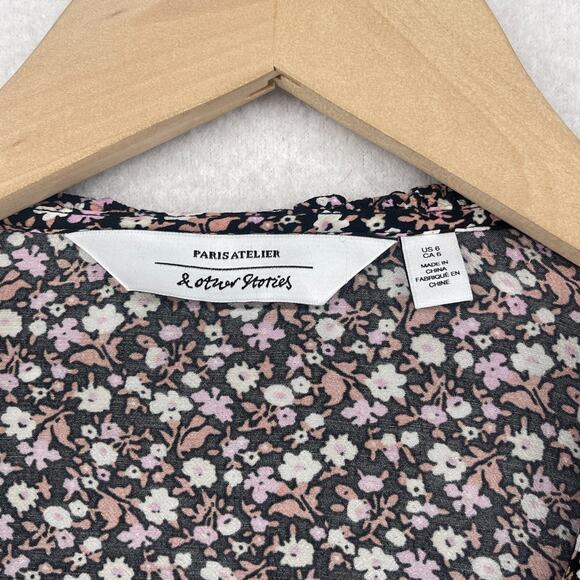 & OTHER STORIES Blouse 6 Paris Atelier Ditsy Floral Ruffled Shell Button Black - Picture 4 of 11